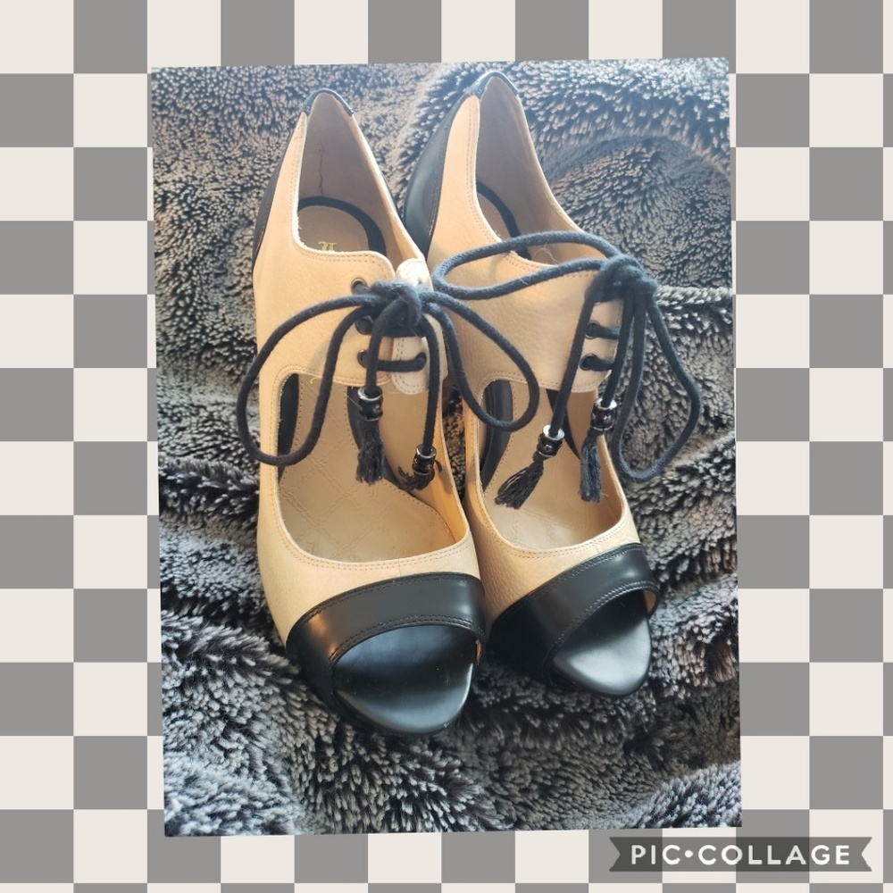 L.A.M.B Chiba Lace Front Black and Tan Peep Toe